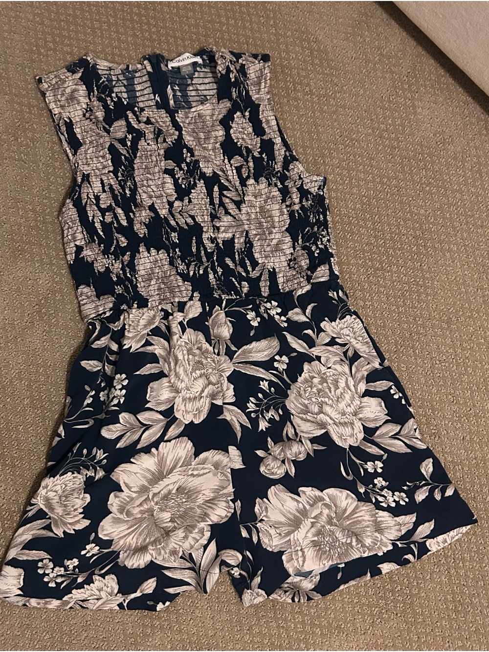 Calvin Klein Navy and Cream Floral Smocked Romper